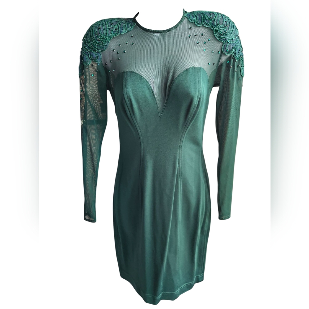 Vintage Tadashi Shoji Green Sequin Mesh Sleeve Mini Dress Size S